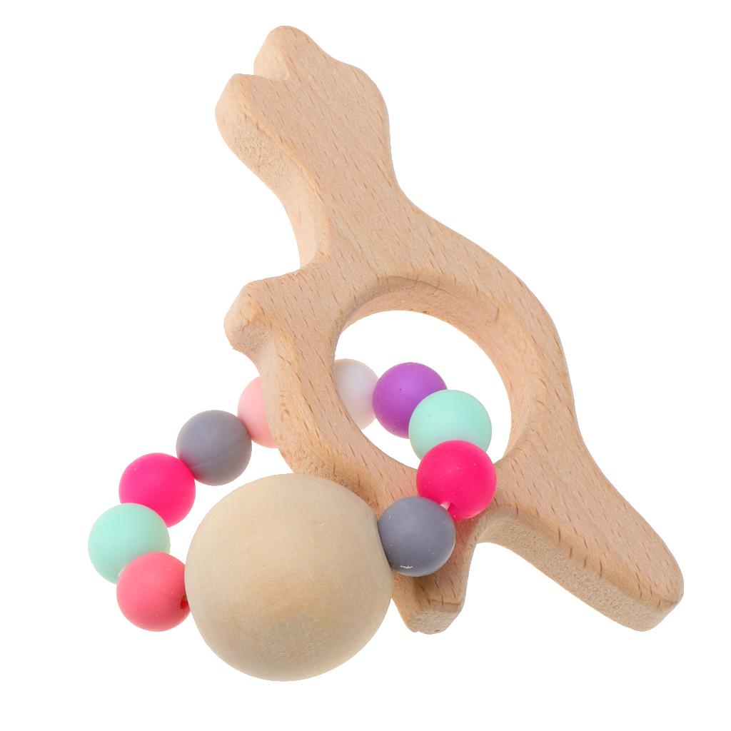 Natural Wooden Baby Teether Wood Teething Bracelet Rings Dinosaur