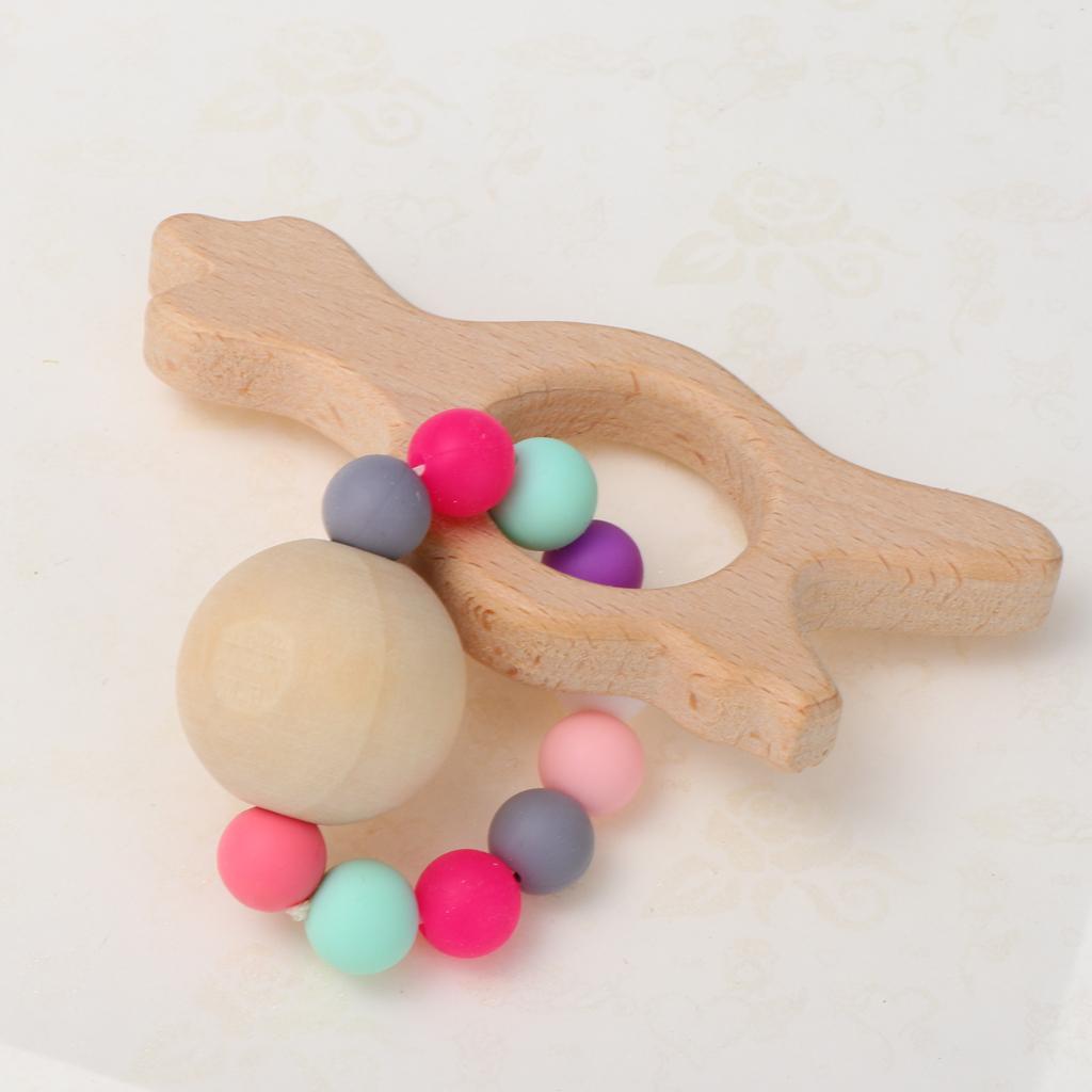 Natural Wooden Baby Teether Wood Teething Bracelet Rings Dinosaur