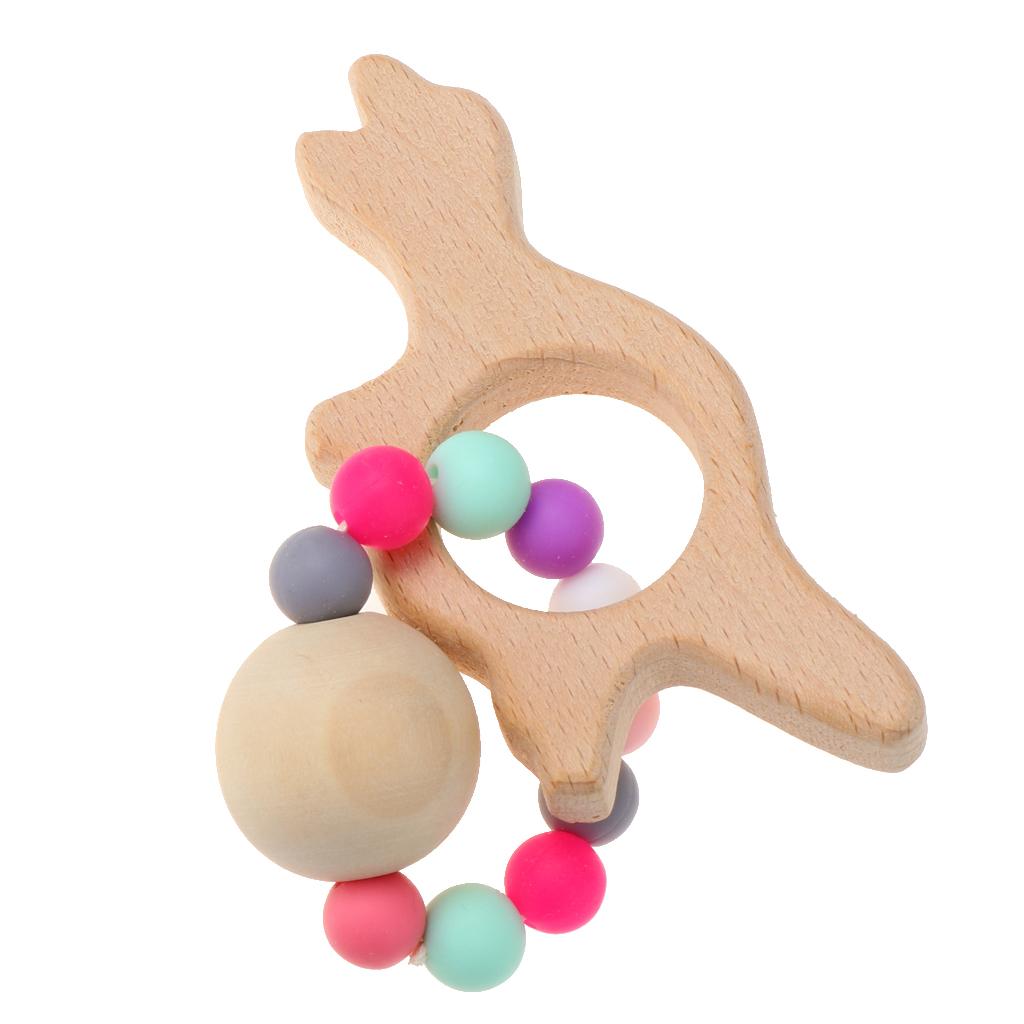 Natural Wooden Baby Teether Wood Teething Bracelet Rings Dinosaur