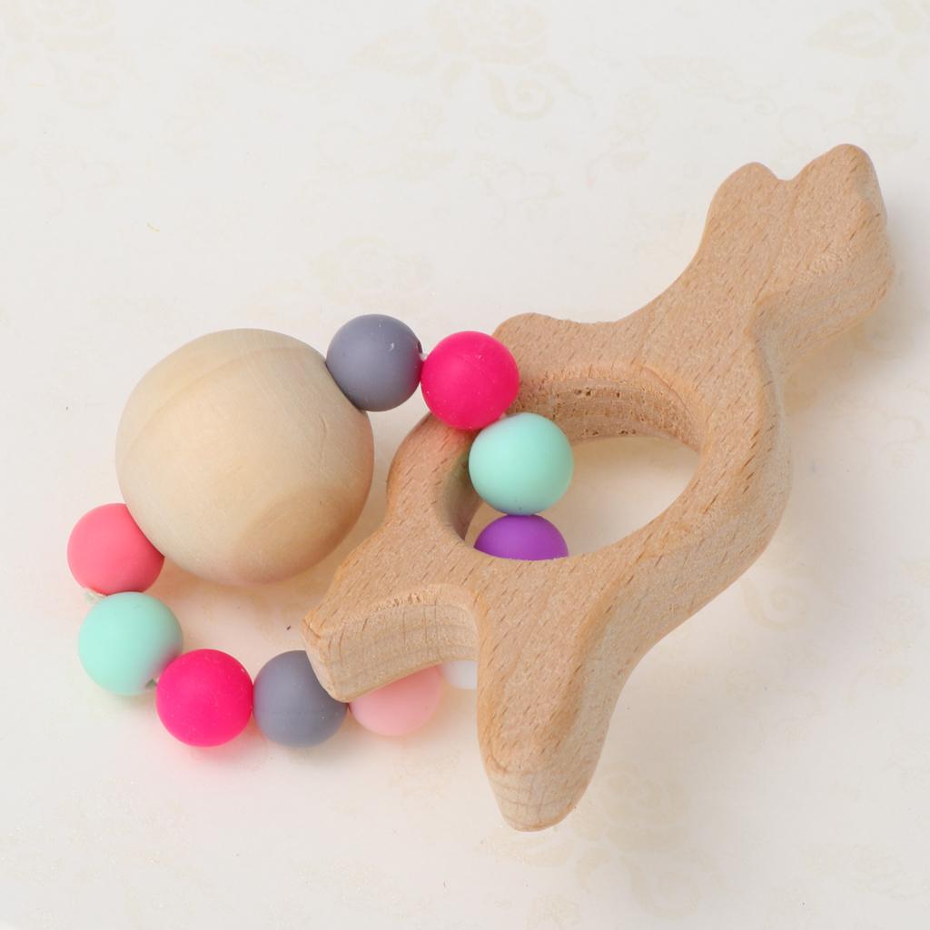 Natural Wooden Baby Teether Wood Teething Bracelet Rings Dinosaur