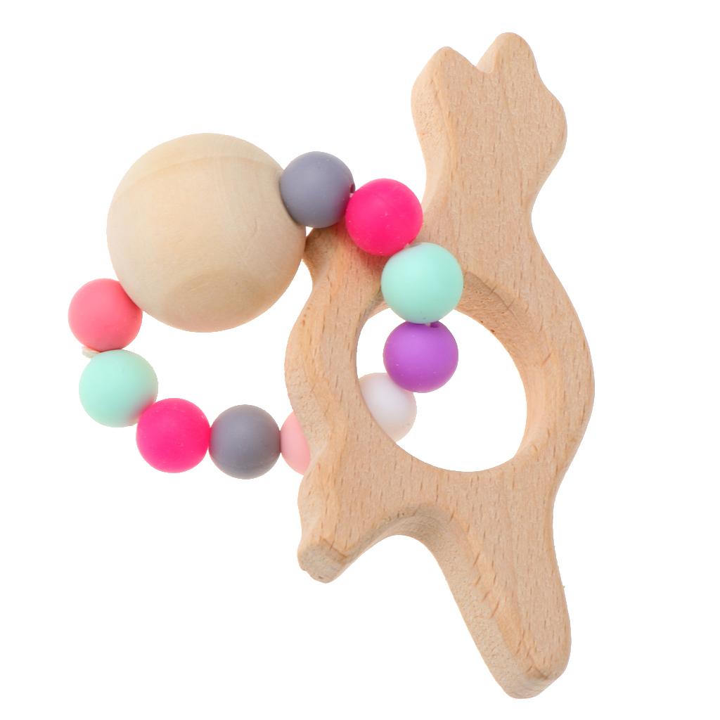 Natural Wooden Baby Teether Wood Teething Bracelet Rings Dinosaur