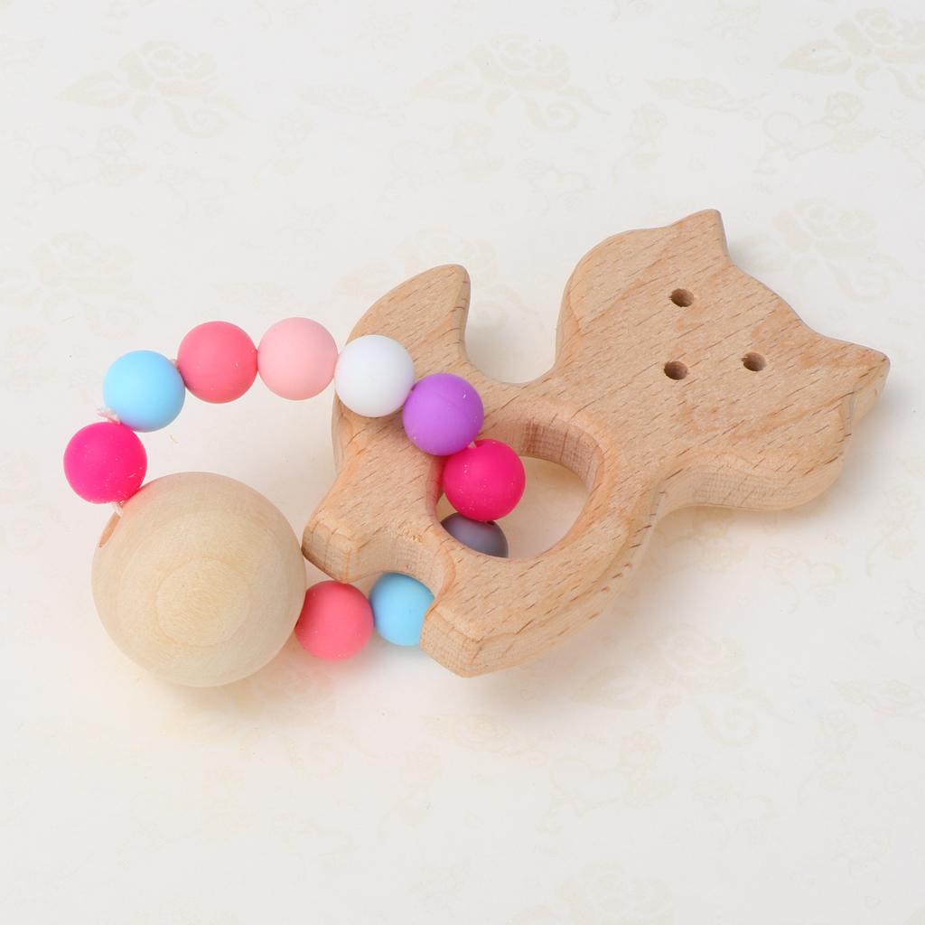 Natural Wooden Baby Teether Wood Teething Bracelet Rings Fox