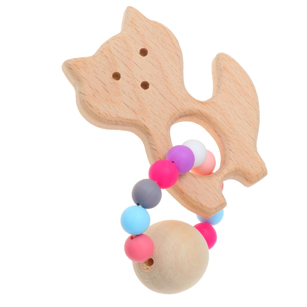 Natural Wooden Baby Teether Wood Teething Bracelet Rings Fox