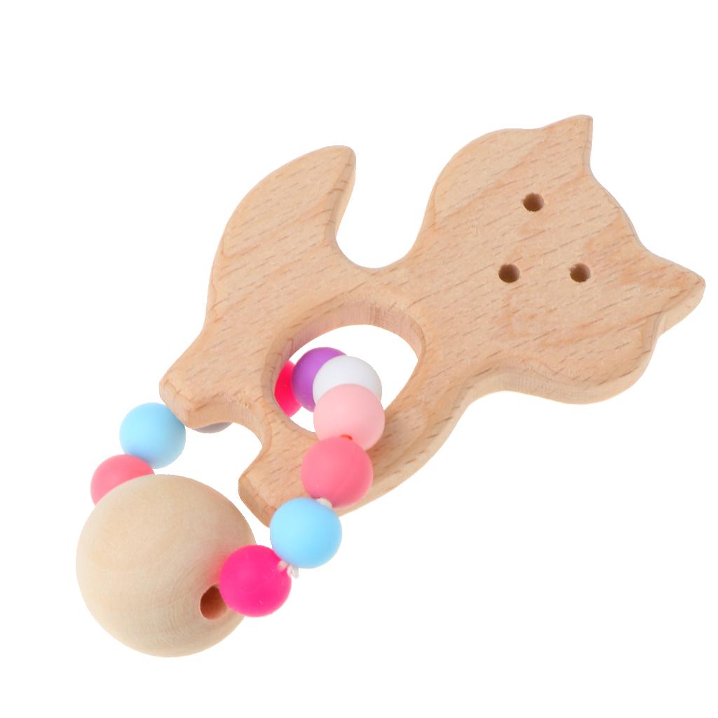 Natural Wooden Baby Teether Wood Teething Bracelet Rings Fox