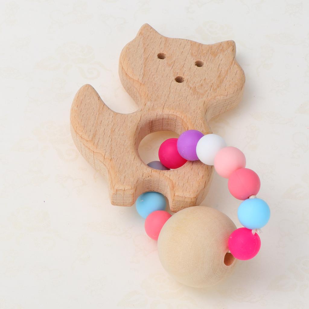 Natural Wooden Baby Teether Wood Teething Bracelet Rings Fox