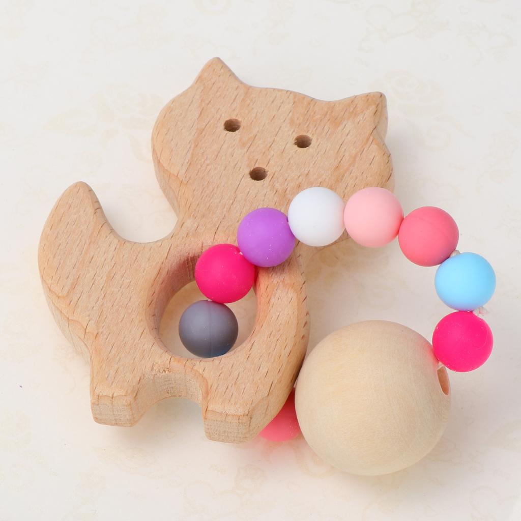 Natural Wooden Baby Teether Wood Teething Bracelet Rings Fox