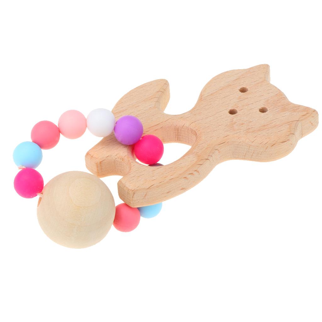 Natural Wooden Baby Teether Wood Teething Bracelet Rings Fox