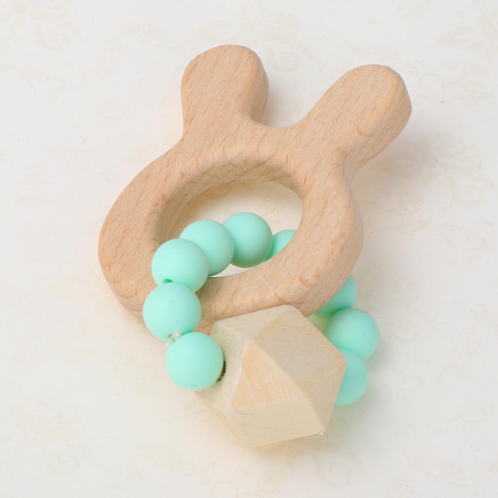 Natural Wooden Baby Teether Wood Teething Bracelet Rings Rabbit