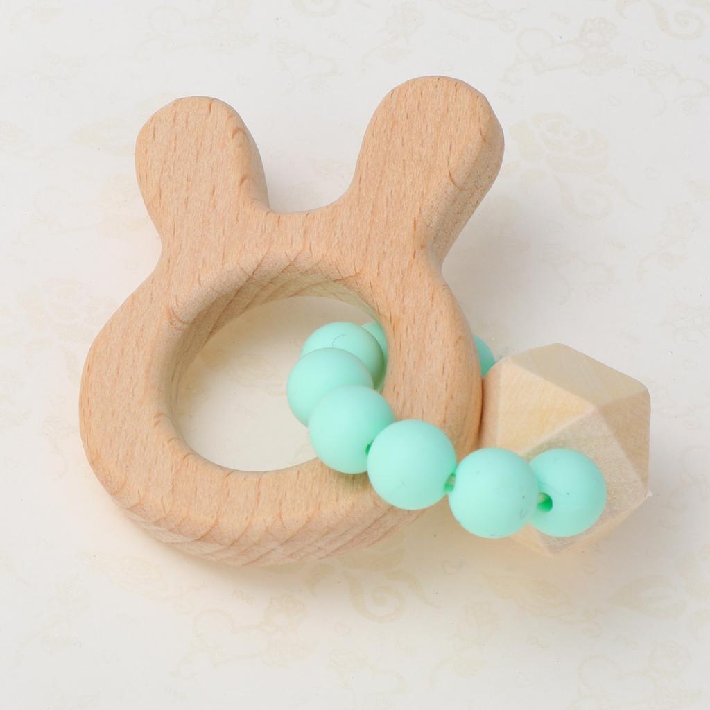 Natural Wooden Baby Teether Wood Teething Bracelet Rings Rabbit