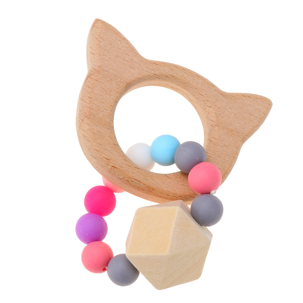 Natural Wooden Baby Teether Wood Teething Bracelet Rings Cat