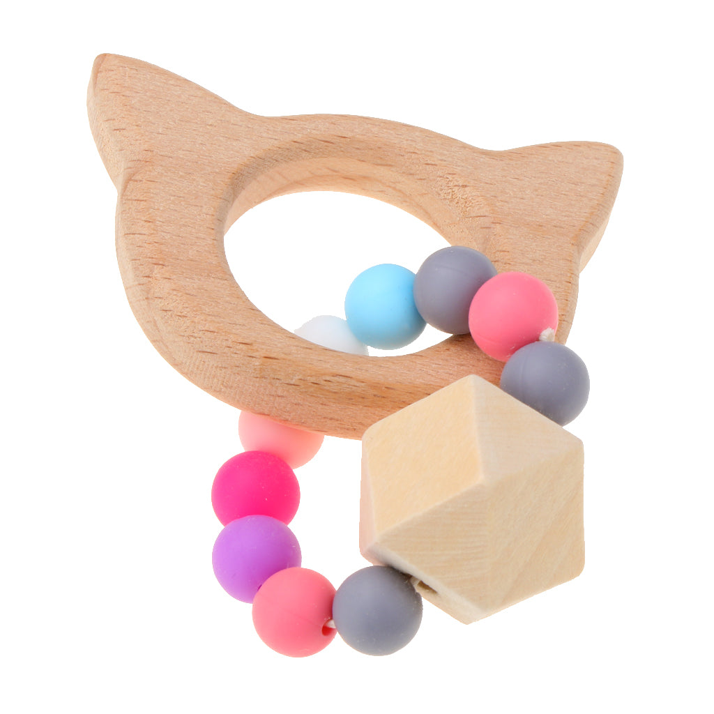 Natural Wooden Baby Teether Wood Teething Bracelet Rings Cat