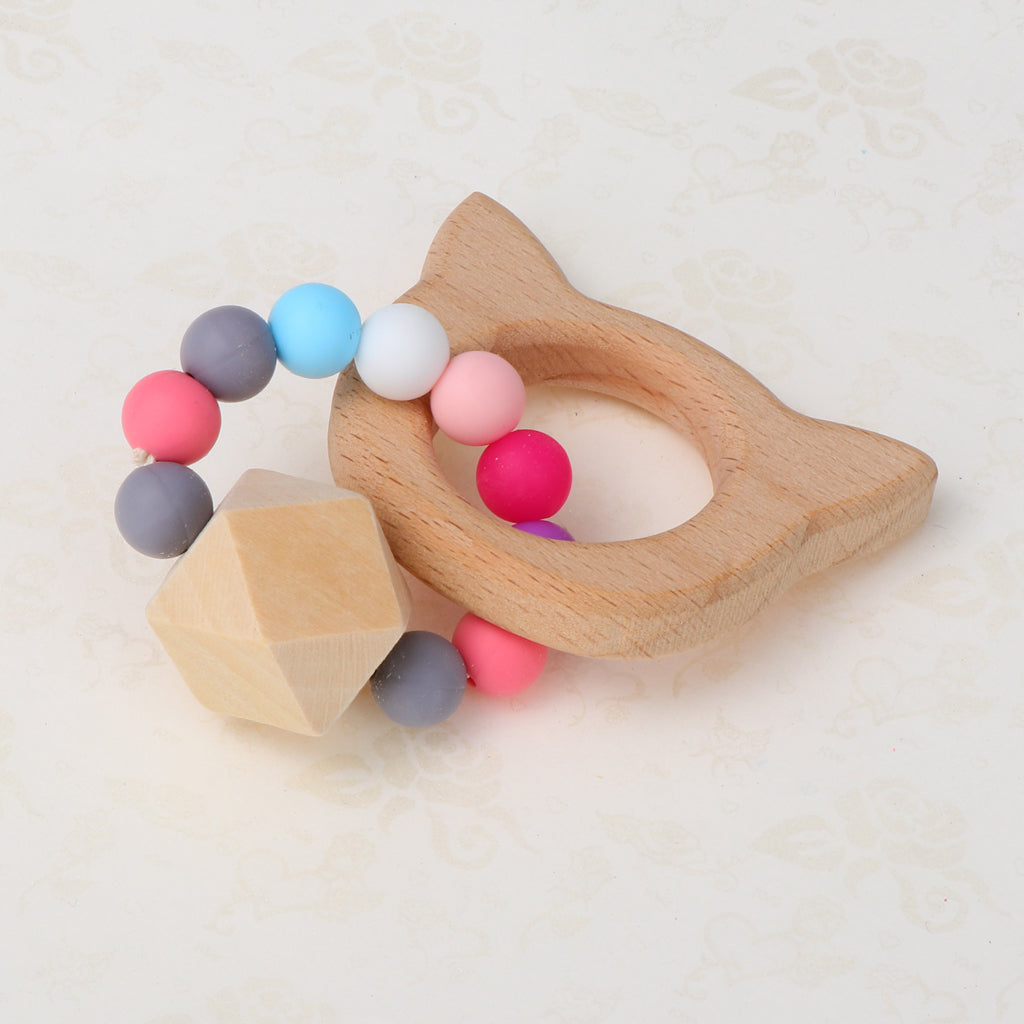 Natural Wooden Baby Teether Wood Teething Bracelet Rings Cat