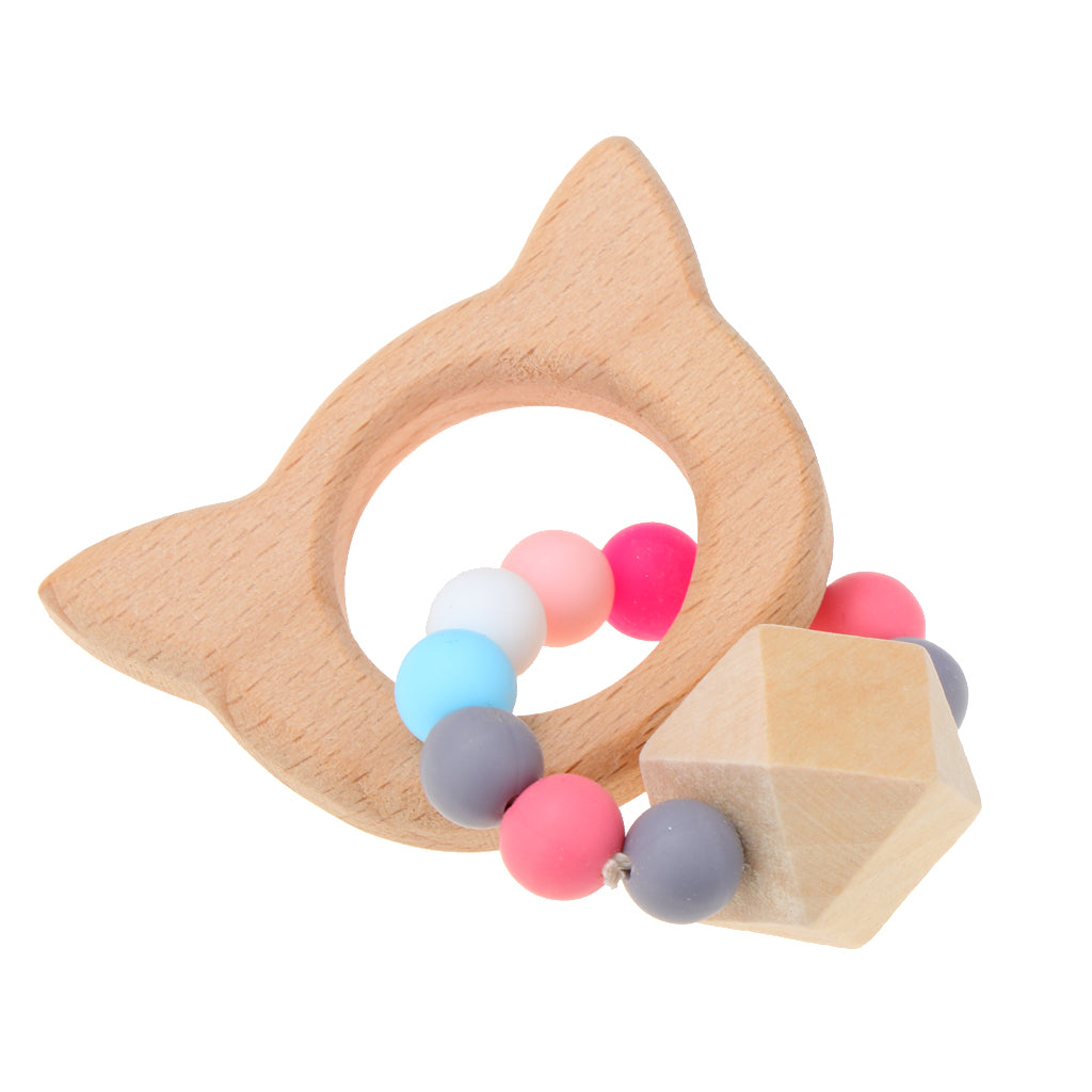 Natural Wooden Baby Teether Wood Teething Bracelet Rings Cat