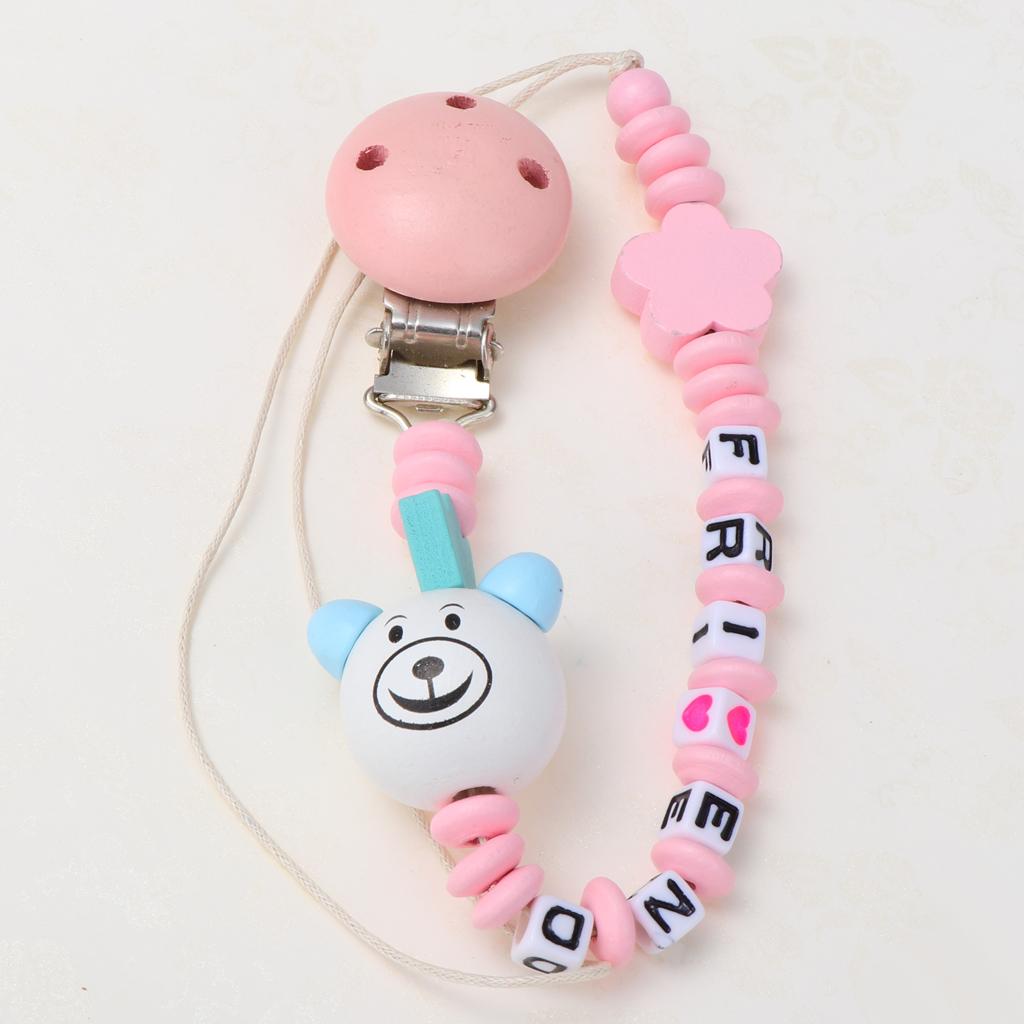 Wooden Dummy Clip Chain Pacifier Baby Gift Shower  White bear head