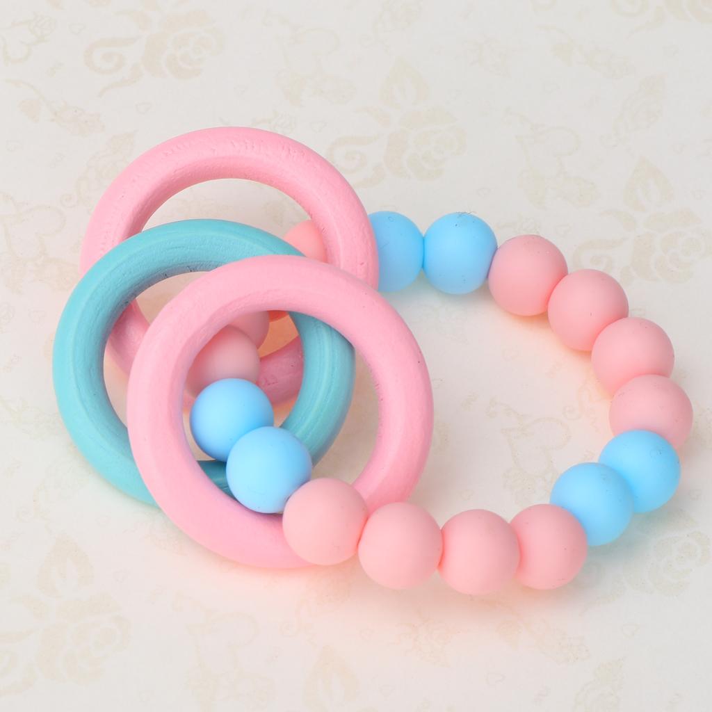 Baby Teeth Silicone Bracelet Colorful Wooden Hand Ring Pink Sky blue