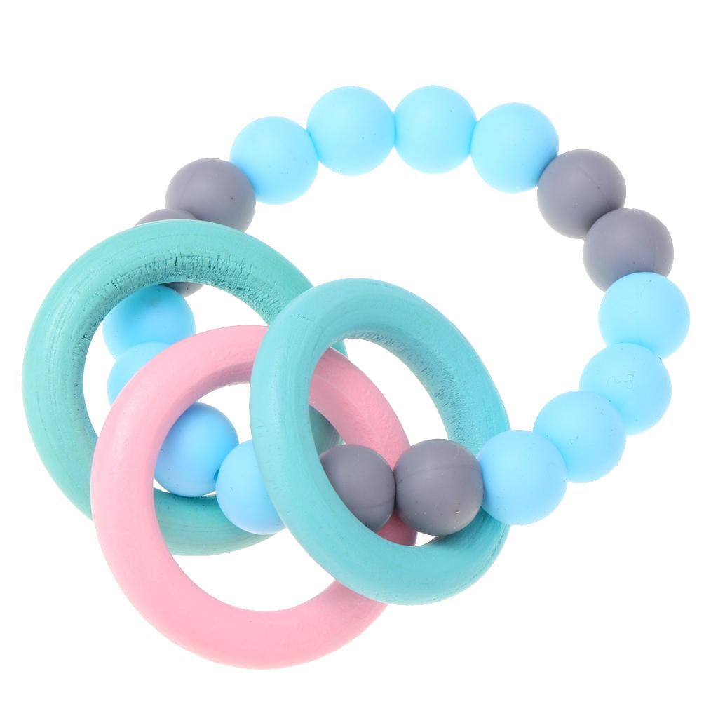 Baby Teeth Silicone Bracelet Colorful Wooden Hand Ring Sky blue Gray