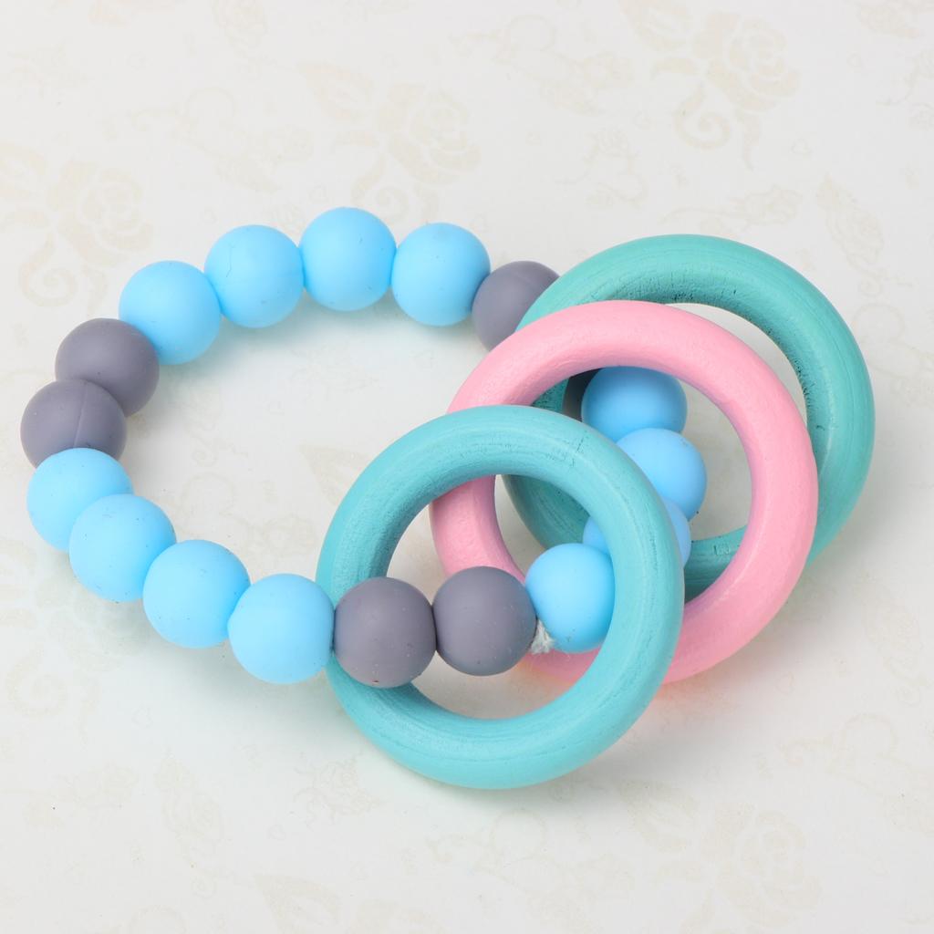 Baby Teeth Silicone Bracelet Colorful Wooden Hand Ring Sky blue Gray