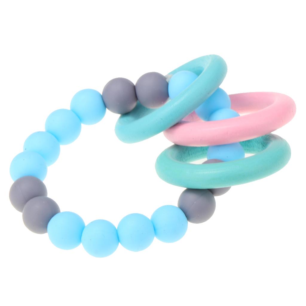 Baby Teeth Silicone Bracelet Colorful Wooden Hand Ring Sky blue Gray