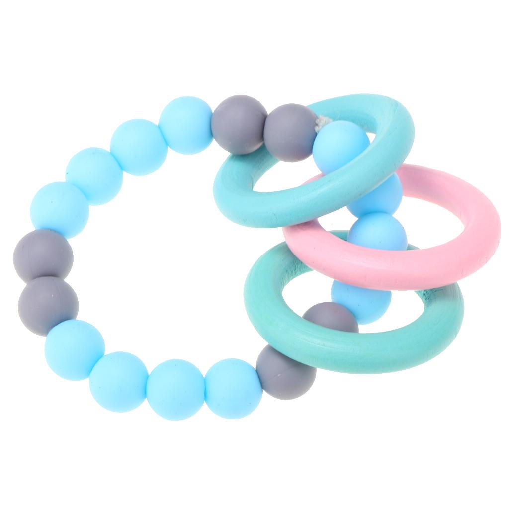 Baby Teeth Silicone Bracelet Colorful Wooden Hand Ring Sky blue Gray