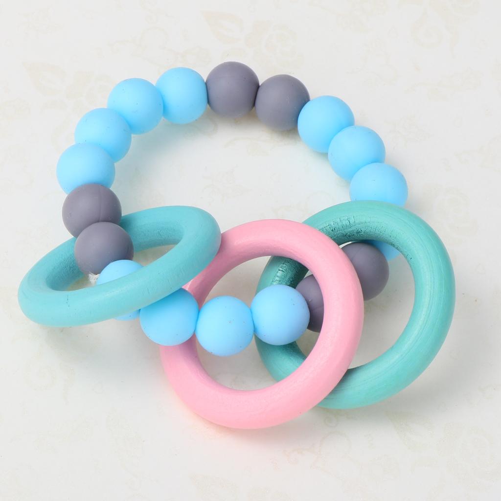 Baby Teeth Silicone Bracelet Colorful Wooden Hand Ring Sky blue Gray
