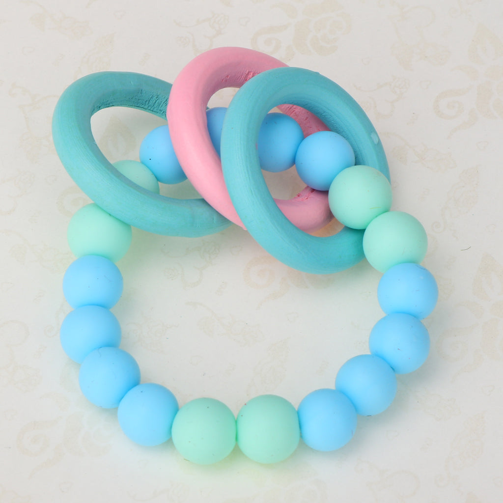 Baby Teeth Silicone Bracelet Colorful Wooden Hand Ring Sky blue Mint green