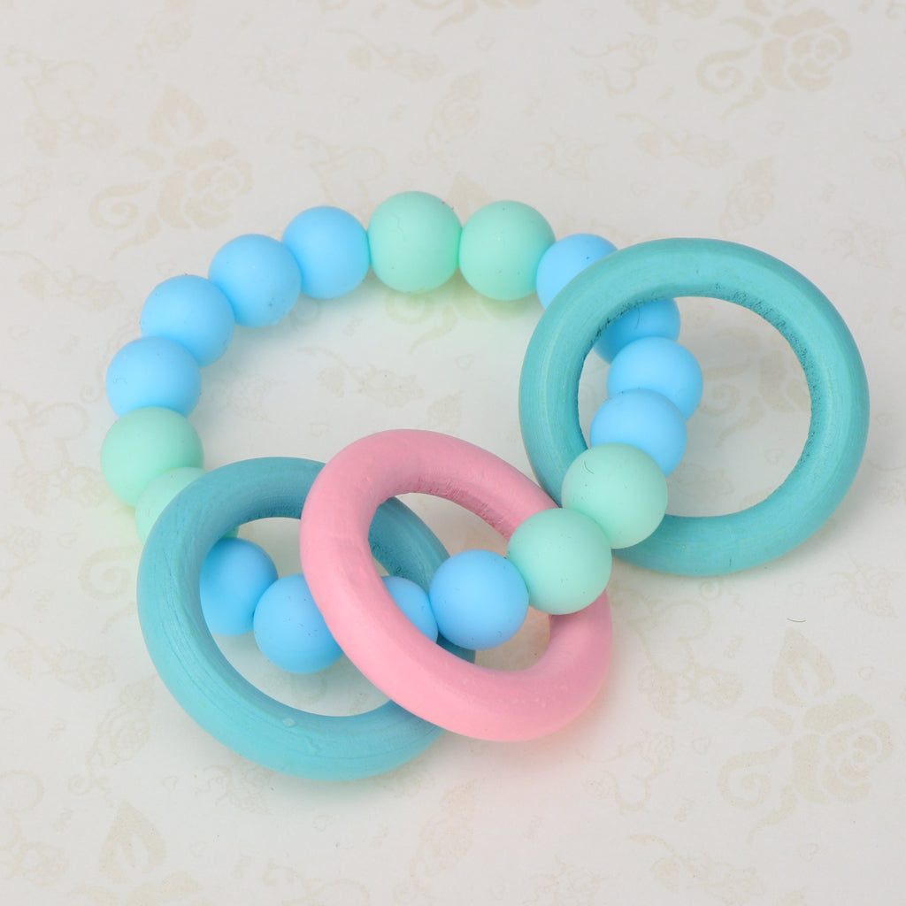 Baby Teeth Silicone Bracelet Colorful Wooden Hand Ring Sky blue Mint green