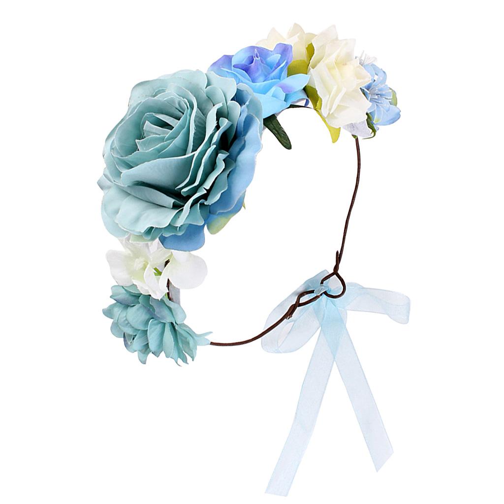 Boho Women Beach Flower Wedding Garland Headband Blue (for Women)