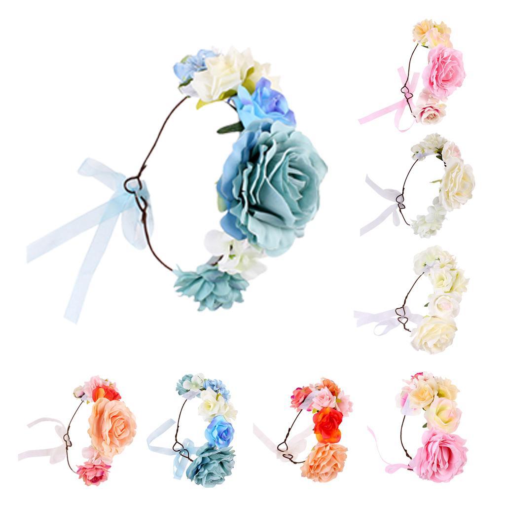 Boho Women Beach Flower Wedding Garland Headband Blue (for Women)