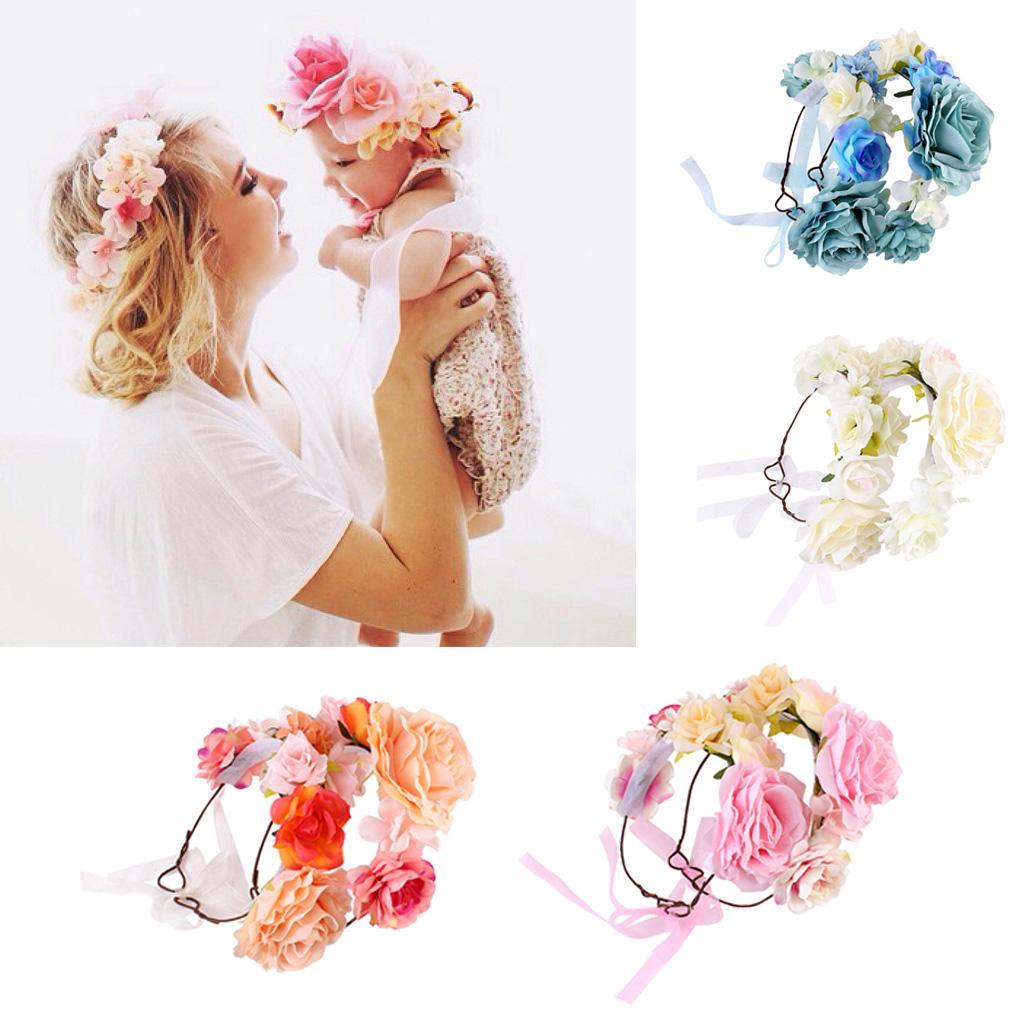 Boho Women Beach Flower Wedding Garland Headband Blue (for Women&Kids)