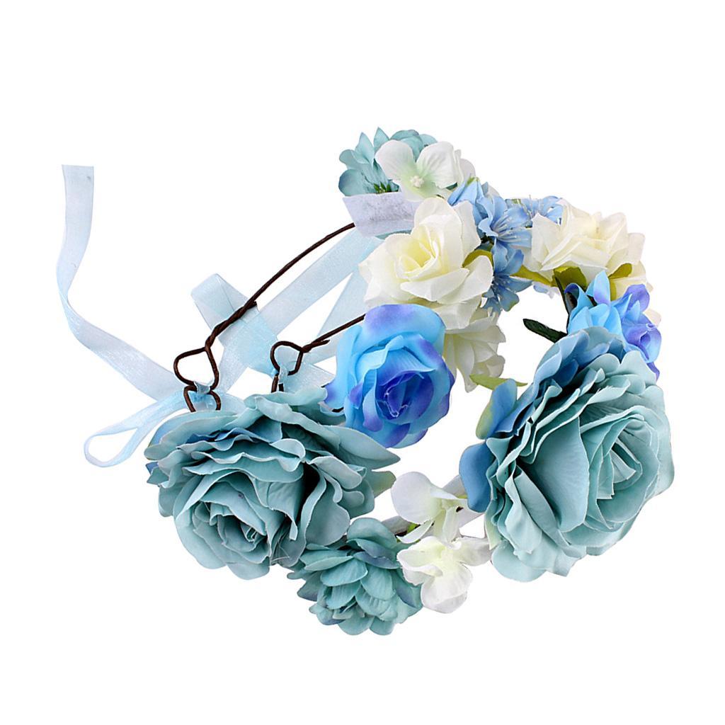 Boho Women Beach Flower Wedding Garland Headband Blue (for Women&Kids)