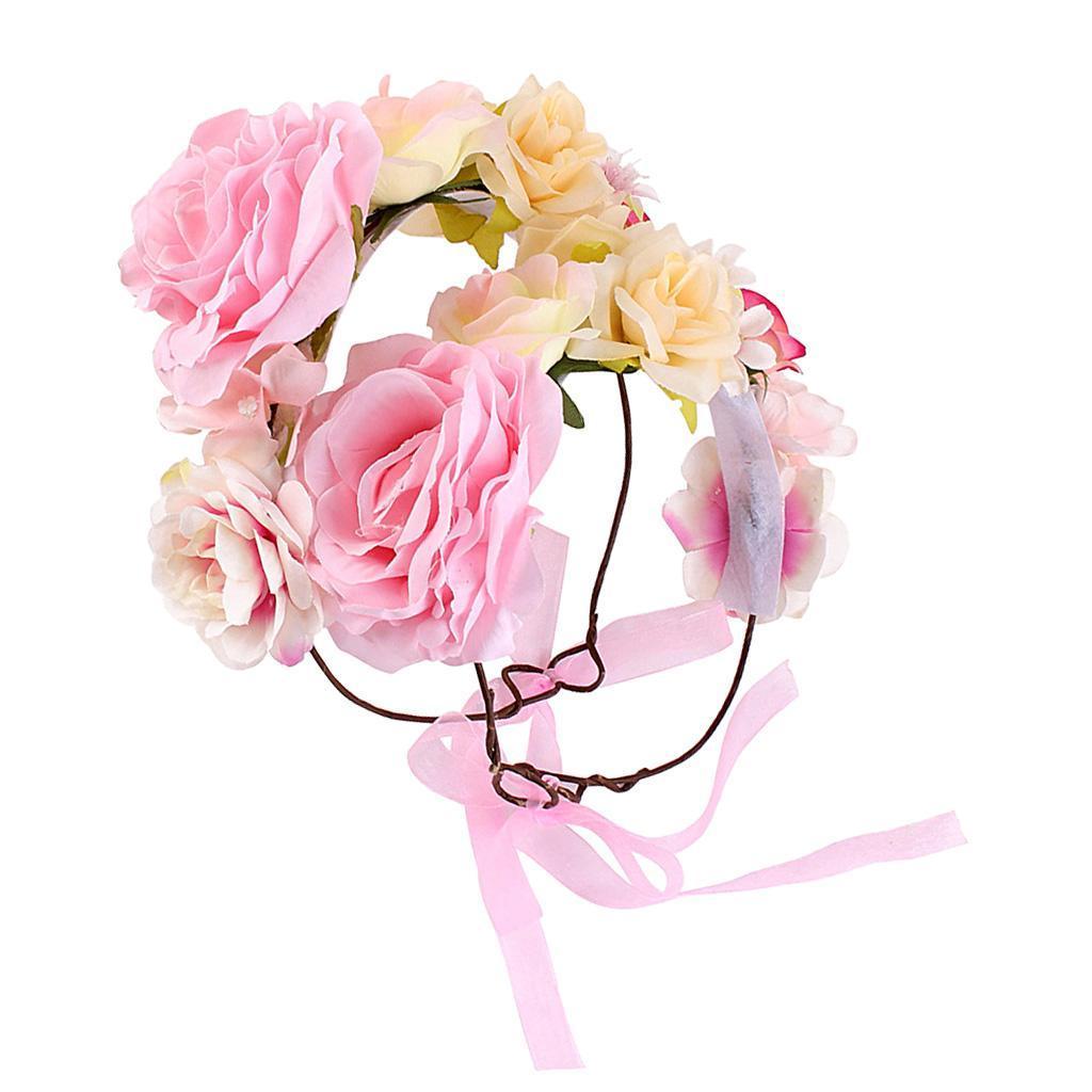 Boho Women Beach Flower Wedding Garland Headband Pink (for Women&Kids)