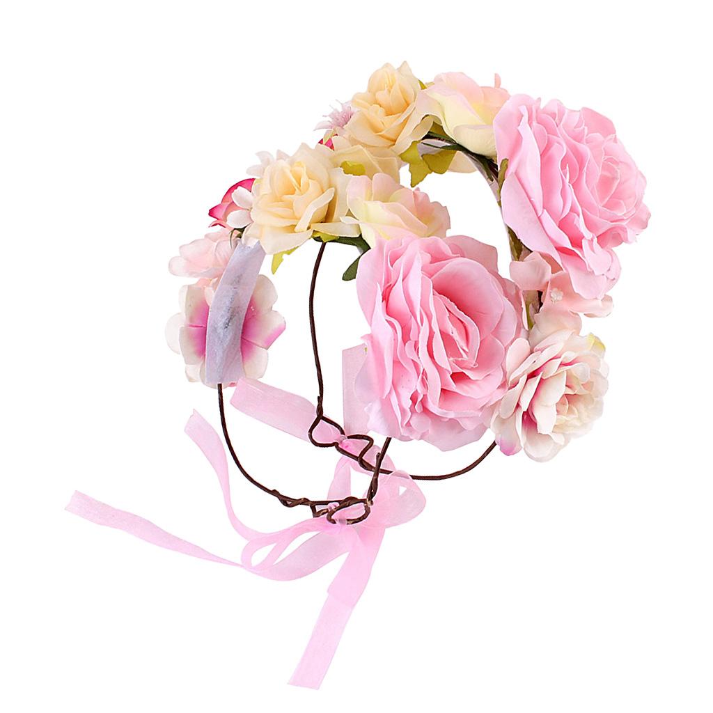 Boho Women Beach Flower Wedding Garland Headband Pink (for Women&Kids)