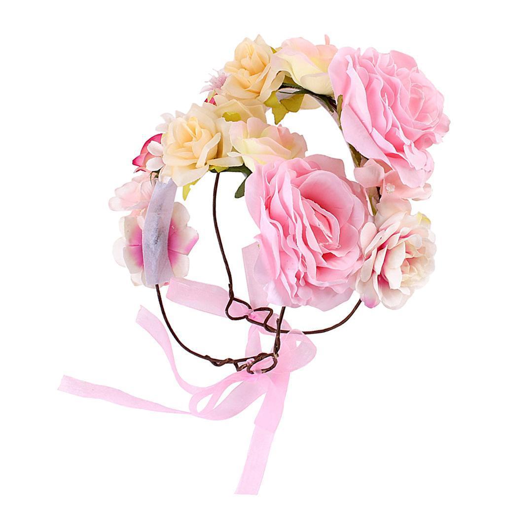 Boho Women Beach Flower Wedding Garland Headband Pink (for Women&Kids)