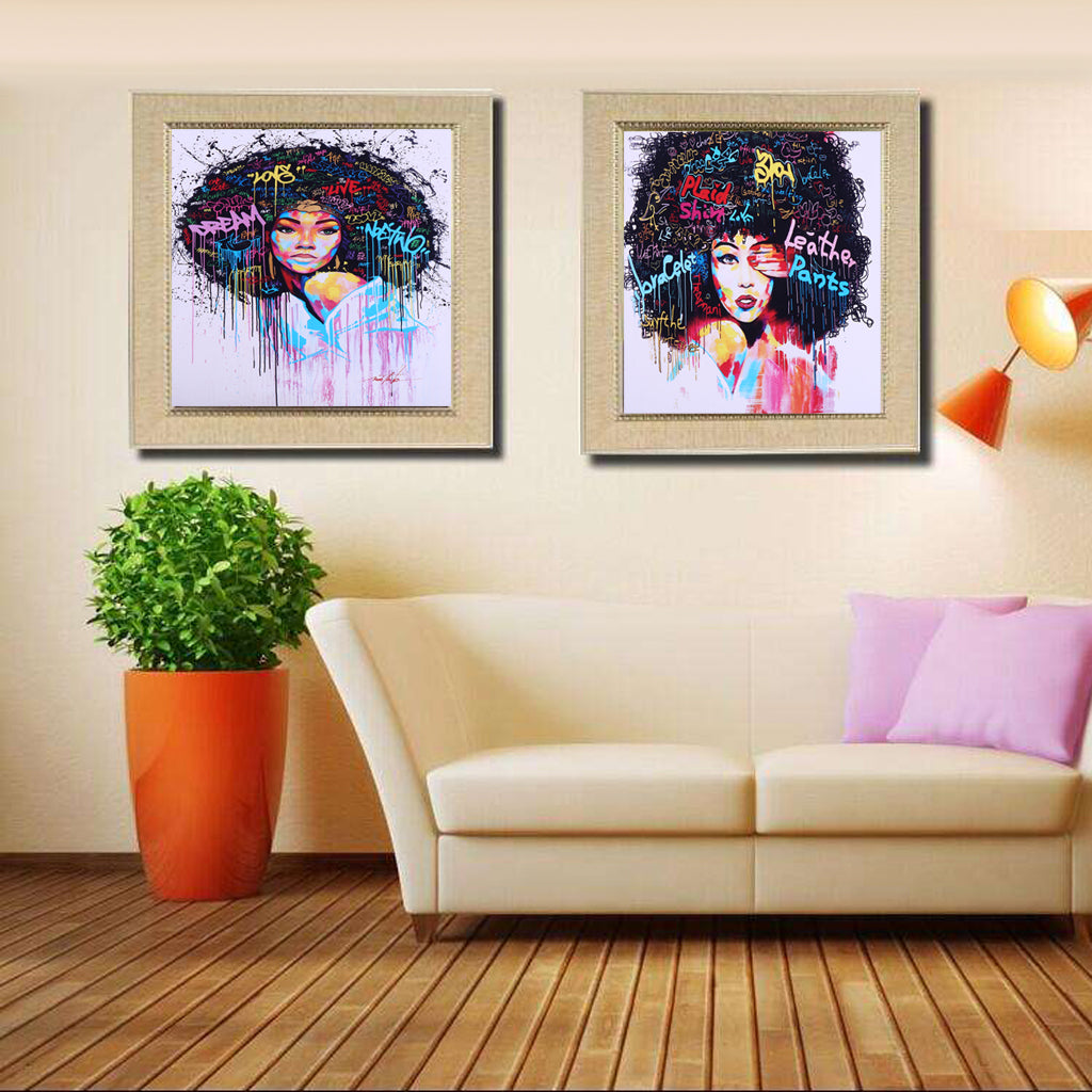 2 Panel Canvas Oil Painting Wall Art Picture - Girl with Afro-hair 8x8 Inch