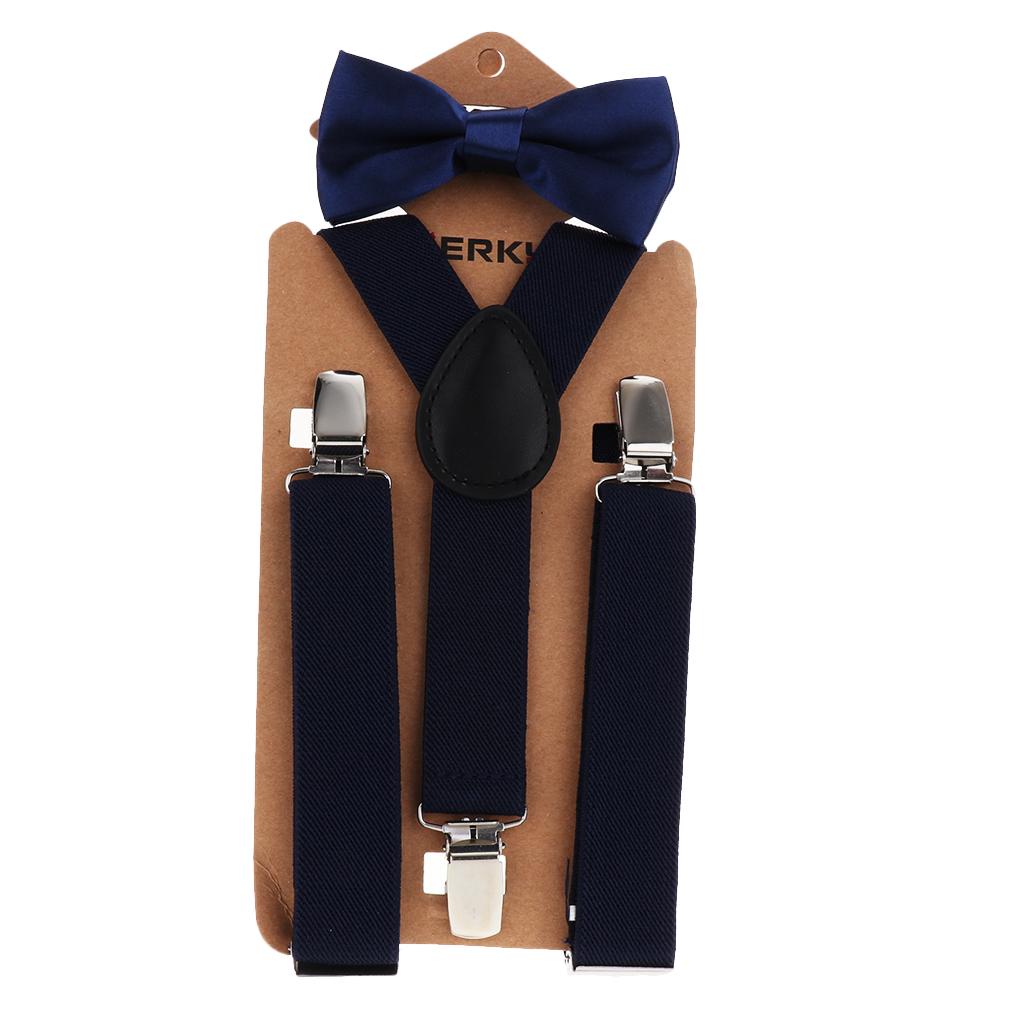 Suspender Bow Tie Set Clip On Adjustable Braces for Children Dark Blue