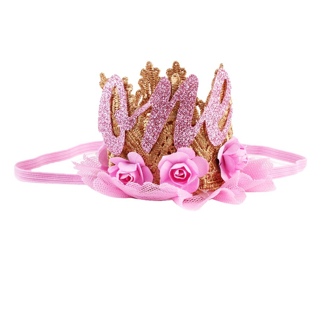 Sweety Baby Flower Golden Crown Birthday Headband Hair Accessories One  Pink