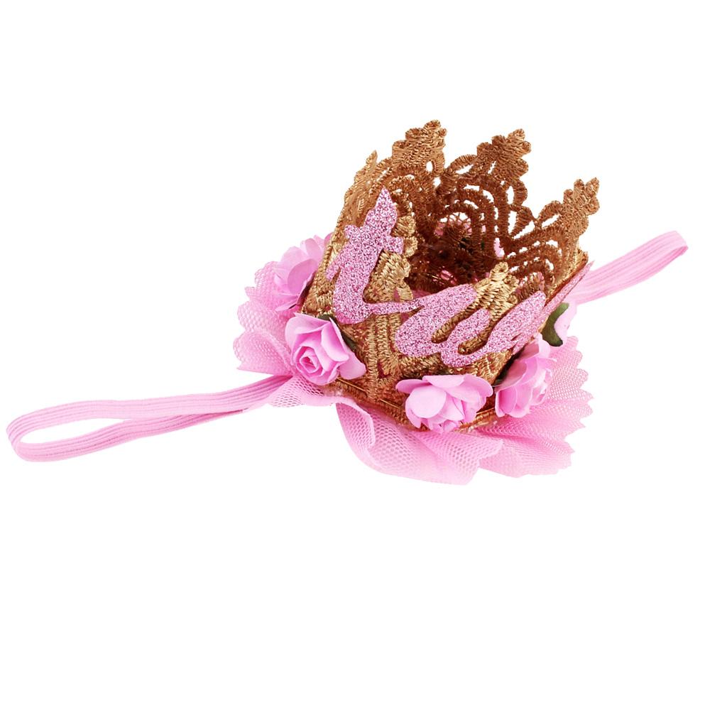 Sweety Baby Flower Golden Crown Birthday Headband Hair Accessories Two Pink