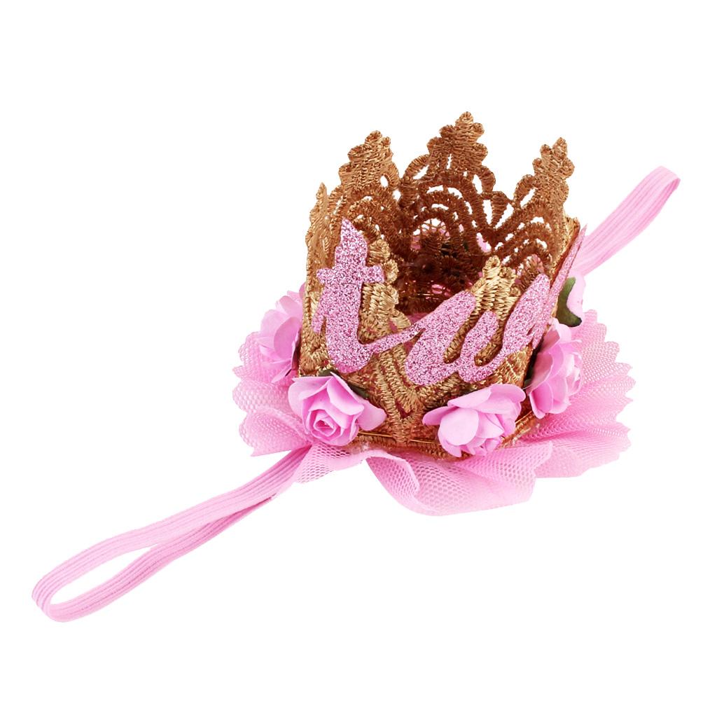 Sweety Baby Flower Golden Crown Birthday Headband Hair Accessories Two Pink