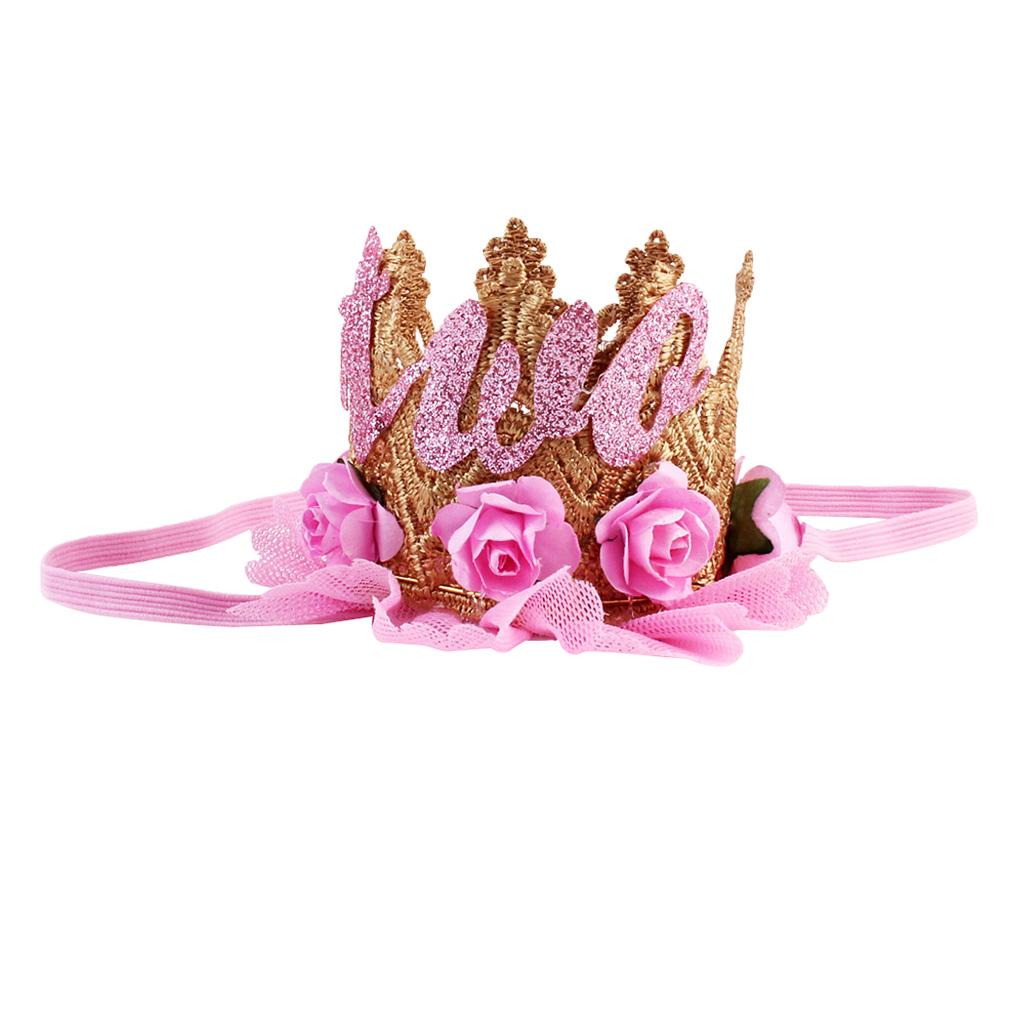 Sweety Baby Flower Golden Crown Birthday Headband Hair Accessories Two Pink