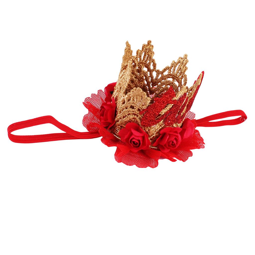 Sweety Baby Flower Golden Crown Birthday Headband Hair Accessories Two Red