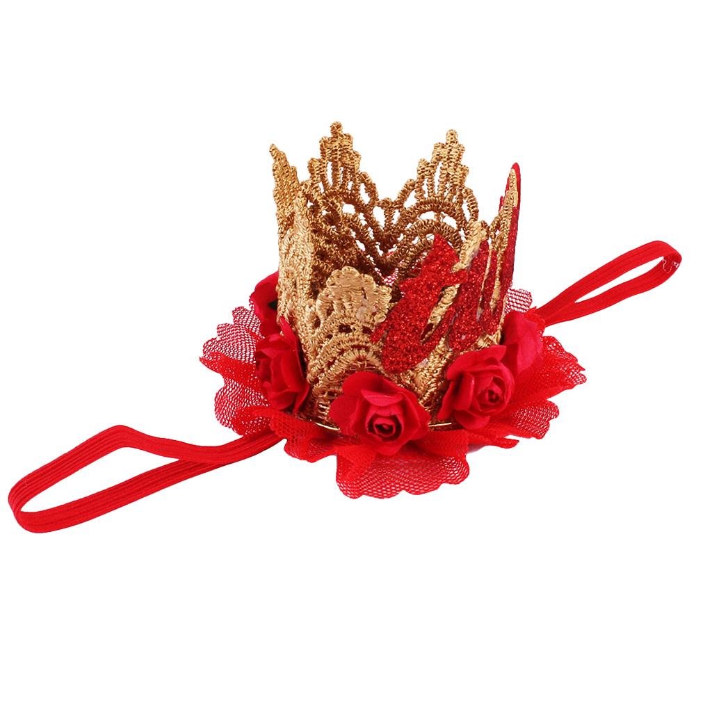 Sweety Baby Flower Golden Crown Birthday Headband Hair Accessories Two Red