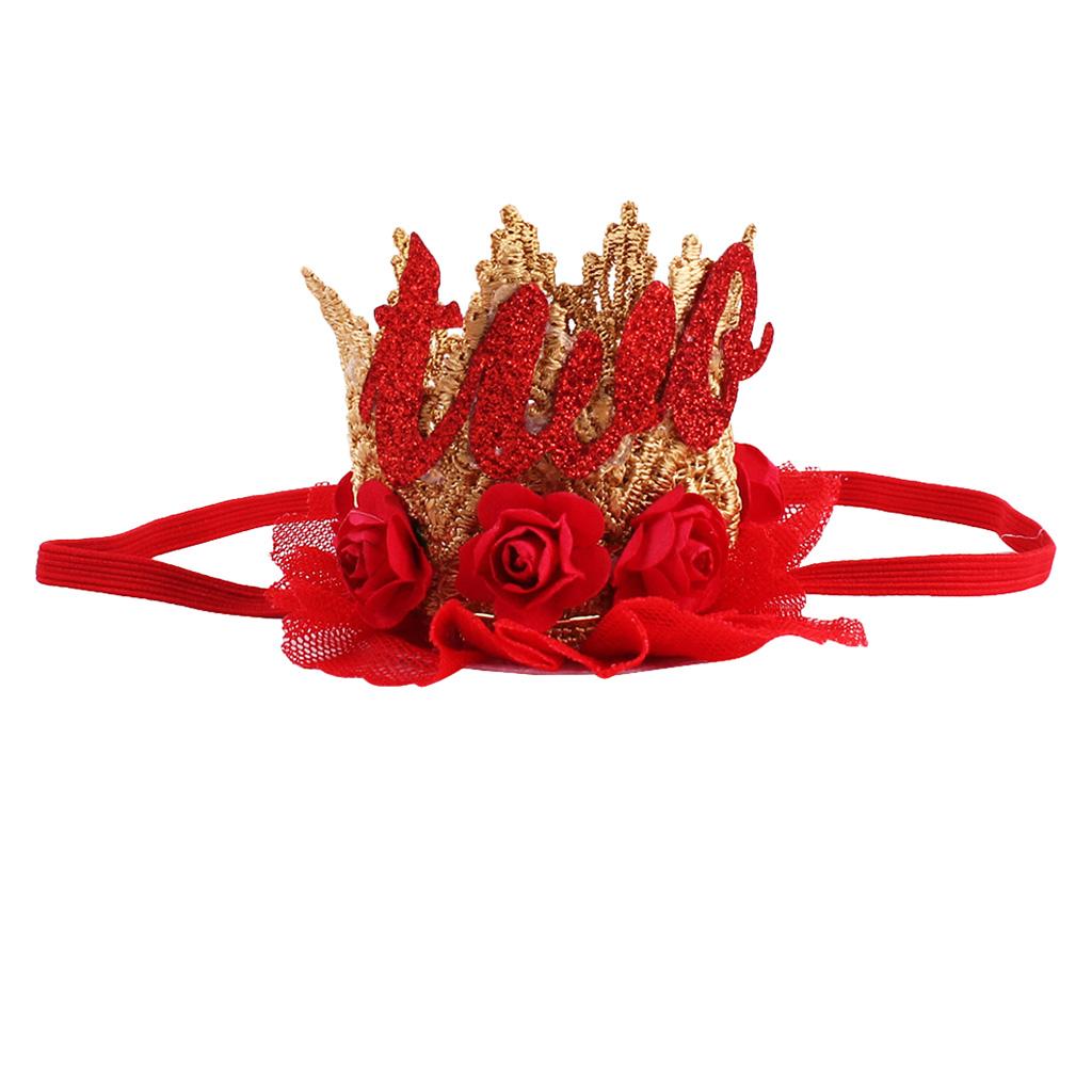 Sweety Baby Flower Golden Crown Birthday Headband Hair Accessories Two Red