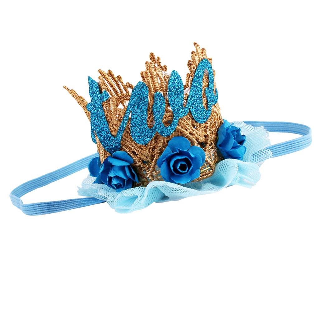 Sweety Baby Flower Golden Crown Birthday Headband Hair Accessories Two Blue