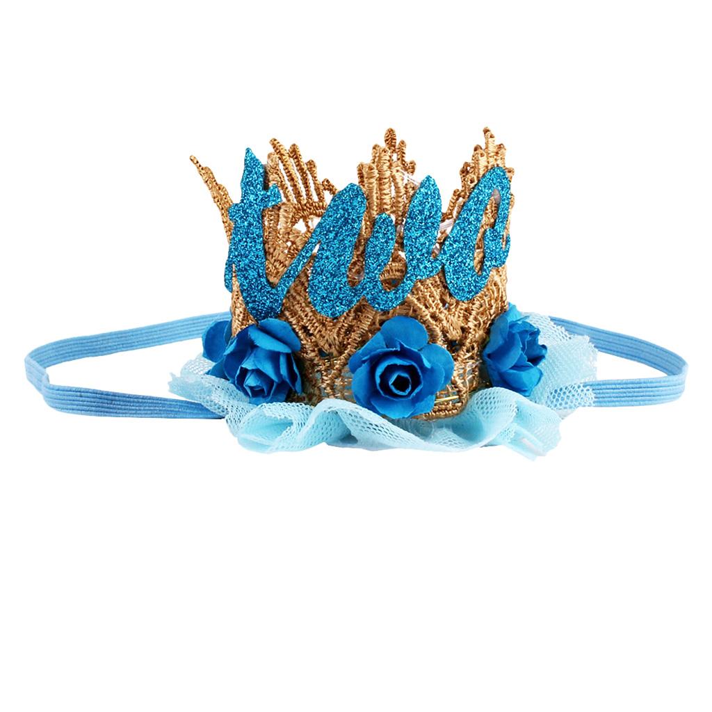 Sweety Baby Flower Golden Crown Birthday Headband Hair Accessories Two Blue