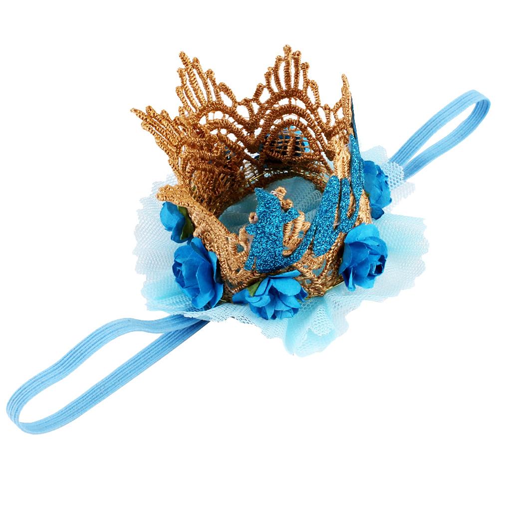 Sweety Baby Flower Golden Crown Birthday Headband Hair Accessories Two Blue