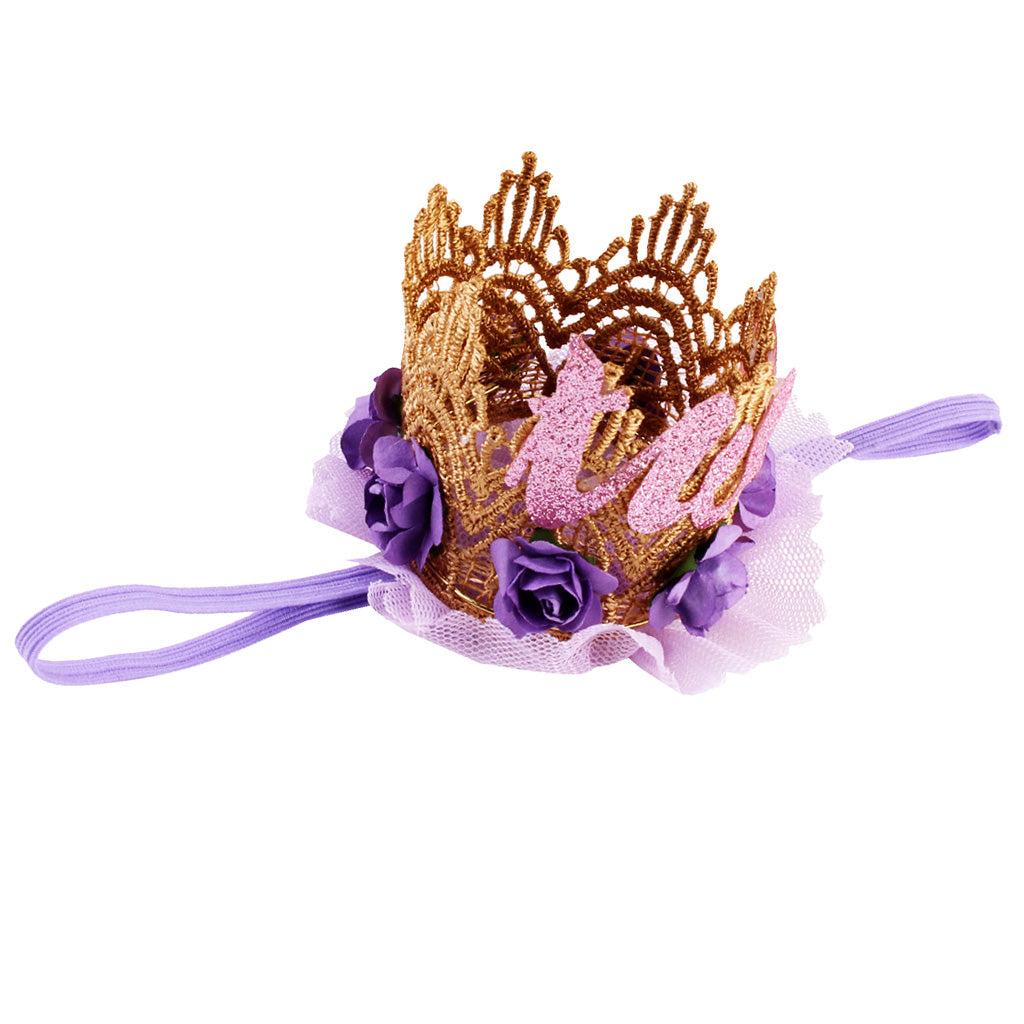 Sweety Baby Flower Golden Crown Birthday Headband Hair Accessories Two Purple