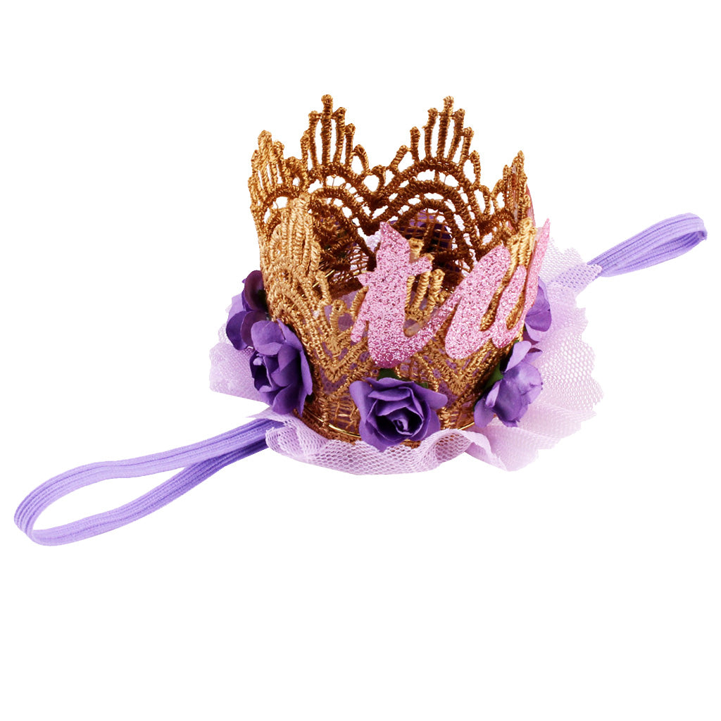 Sweety Baby Flower Golden Crown Birthday Headband Hair Accessories Two Purple