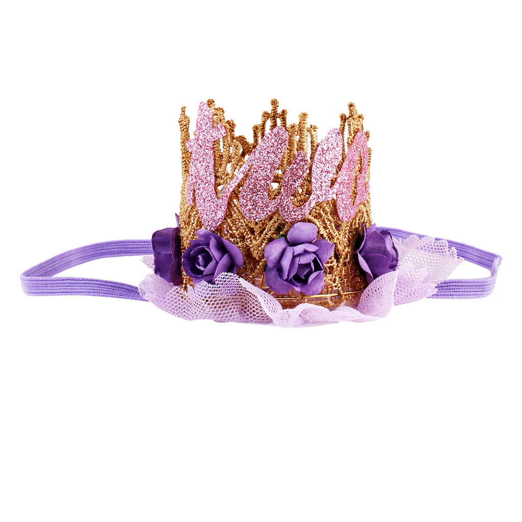 Sweety Baby Flower Golden Crown Birthday Headband Hair Accessories Two Purple