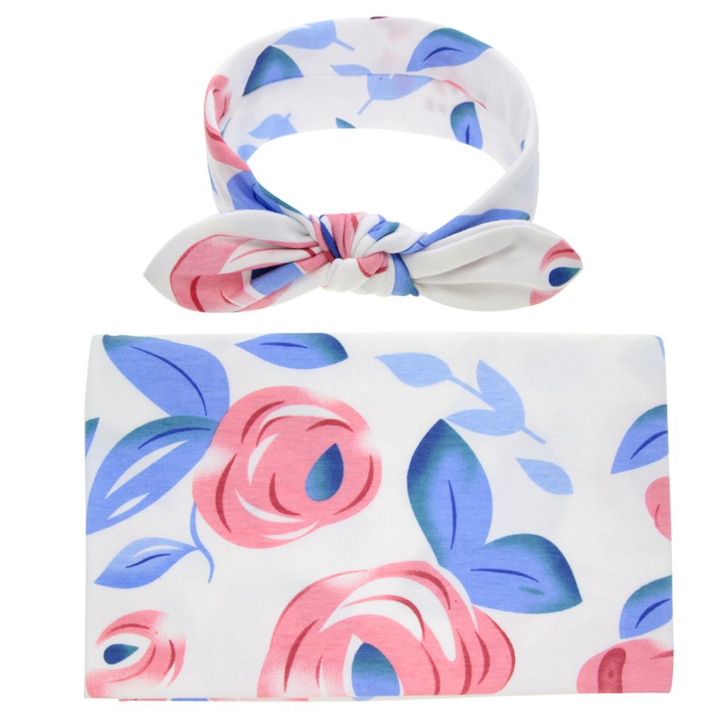 Baby Swaddle Blanket Sleeping Swaddle Muslin Wrap Headband Floral