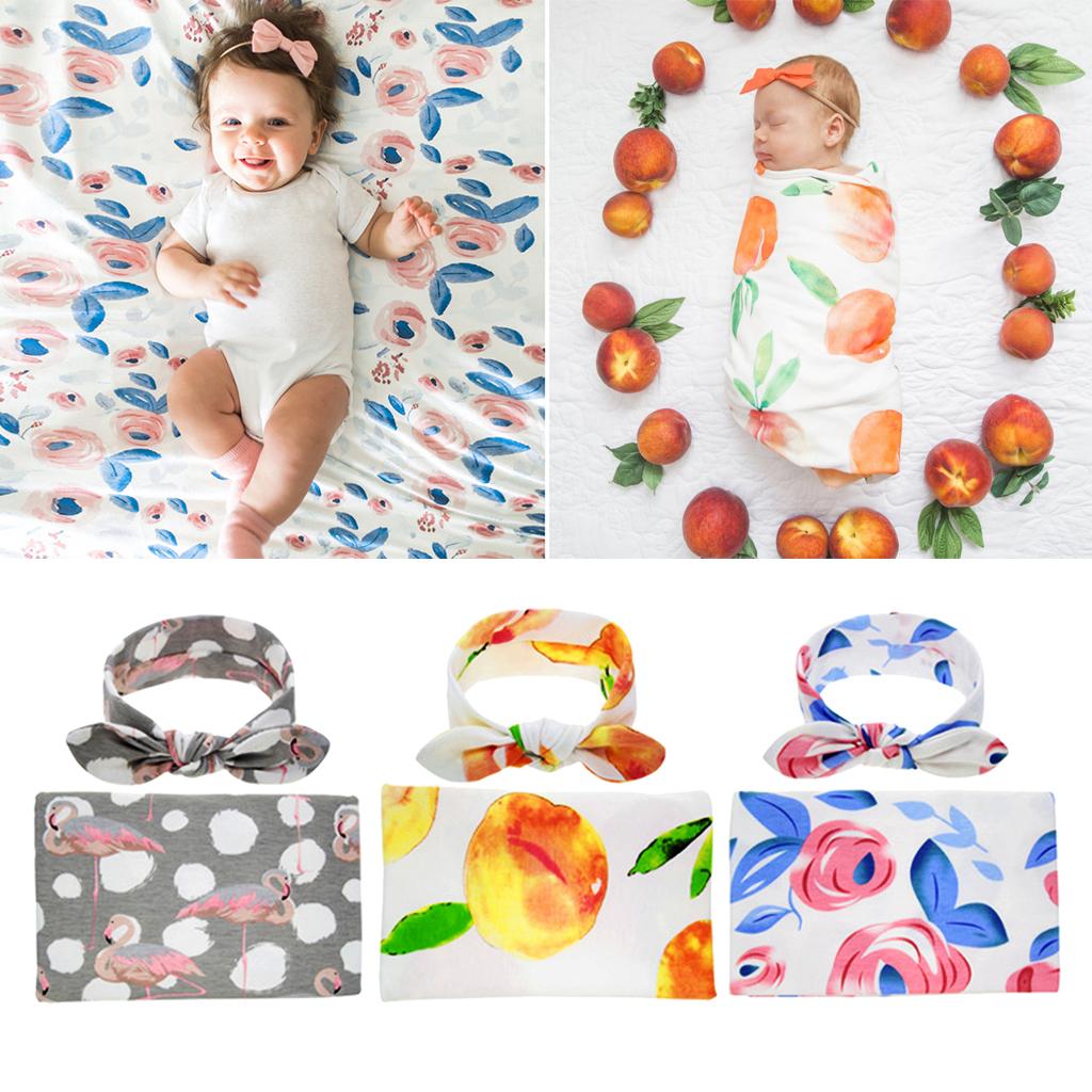 Baby Swaddle Blanket Sleeping Swaddle Muslin Wrap Headband Floral